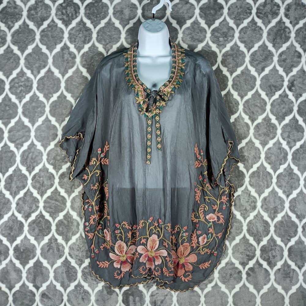 Johnny Was Charcoal Blouse with Floral Embroidery